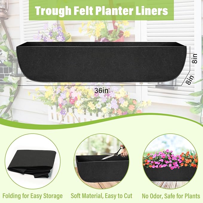 Riare 4 Pack 36 Inch Black Fabric Window Box Liners- Felt Square Trough Planter Basket Liners Replacement, Non-Woven Hanging Flower Plant Box Liner for Outdoor Plants Garden Fence- Avoid Birds Nesting
