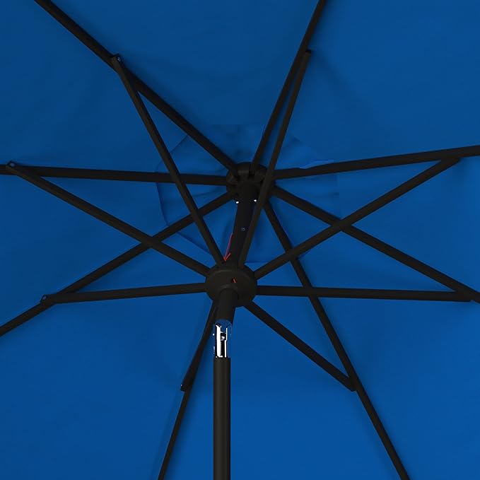 SAFAVIEH 9ft Outdoor Patio Umbrella, Round, Valance, Pacific Blue & White Trim, Auto Crank Tilt, UV Resistant for Deck, Backyard, Poolside (PAT8006P)