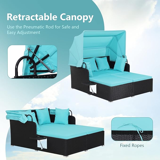 COSTWAY Outdoor Daybed with Retractable Canopy, Wicker Patio Furniture Set with Cushioned Pillows, Patio Rattan Daybed for Deck, Backyard, Poolside (Turquoise)