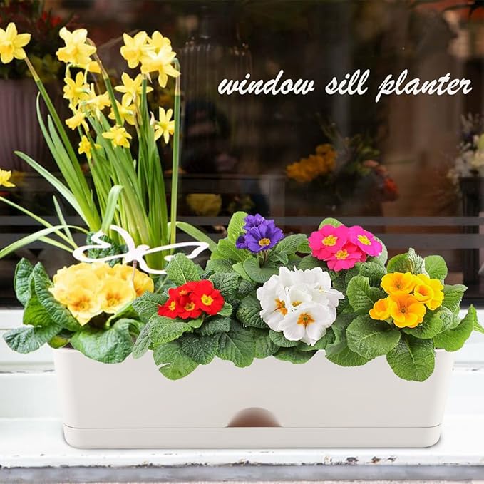 6 Pack Rectangle Planter 16x4.4 Inch Window Boxes Planters Rectangular Large Window Sill Planters Indoor Self Watering Plant Pots with Drainage Holes and Saucers Succulent Herb Flower Pots, Light Grey