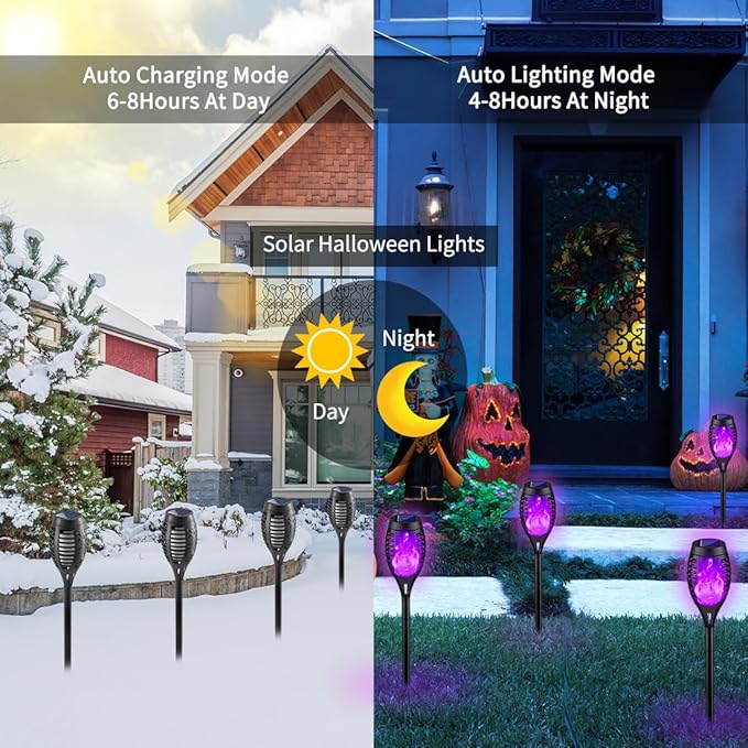 8Pack Halloween Decorations Outdoor, Halloween Solar Lights with Purple Flame for Yard Decor, Waterproof Solar Garden Lights for Outside Decor, LED Flame Torches for Pathway Yard Decorations Outdoor