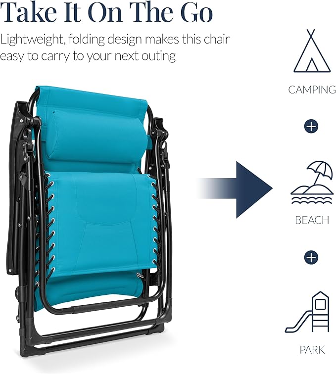 Best Choice Products Oversized Padded Zero Gravity Chair, Folding Outdoor Patio Recliner, XL Anti Gravity Lounger for Backyard w/Headrest, Cup Holder, Side Tray, Polyester Mesh - Aqua Blue