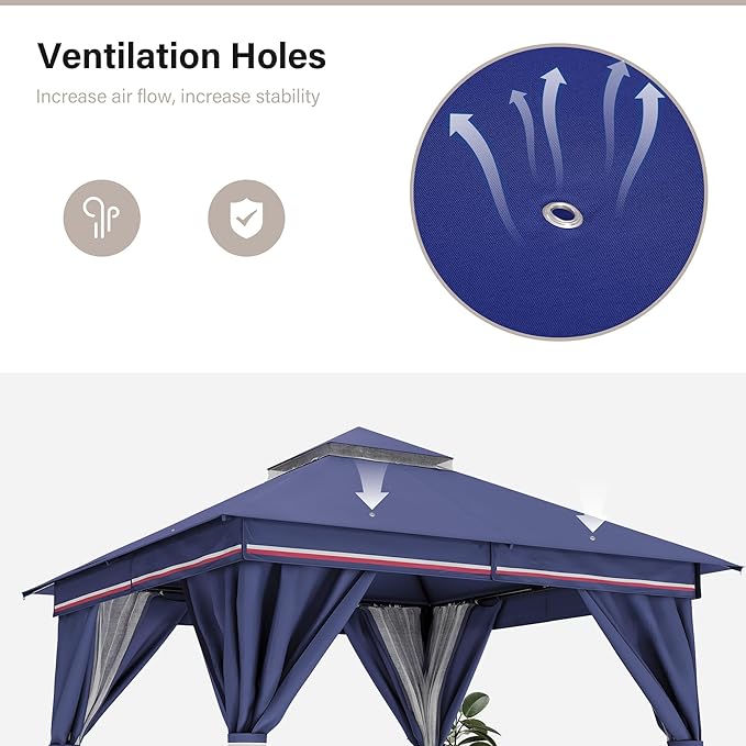 LAUSAINT HOME Semi-Permanent Outdoor Patio Gazebo 10'x10', Heavy Duty Party Tent Shelter with Double Roofs, Mosquito Nettings and Privacy Screens for Backyard, Garden, Lawn, Classic Blue
