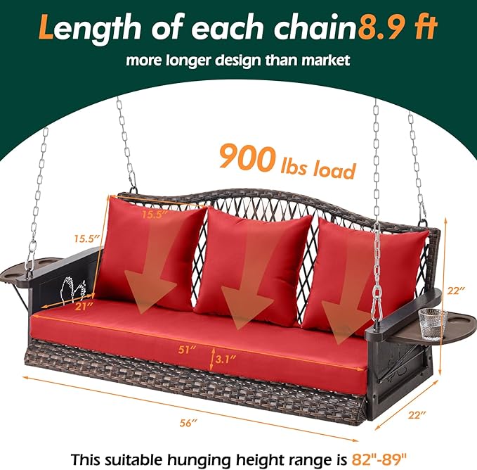 Upgraded Wicker Hanging Porch Swing Heavy Duty 900 LBS 3-Seat Outdoor Patio Swing Chair Bench for Adult w/ 8.9ft Hanging Chains Cushions and Cup Holder