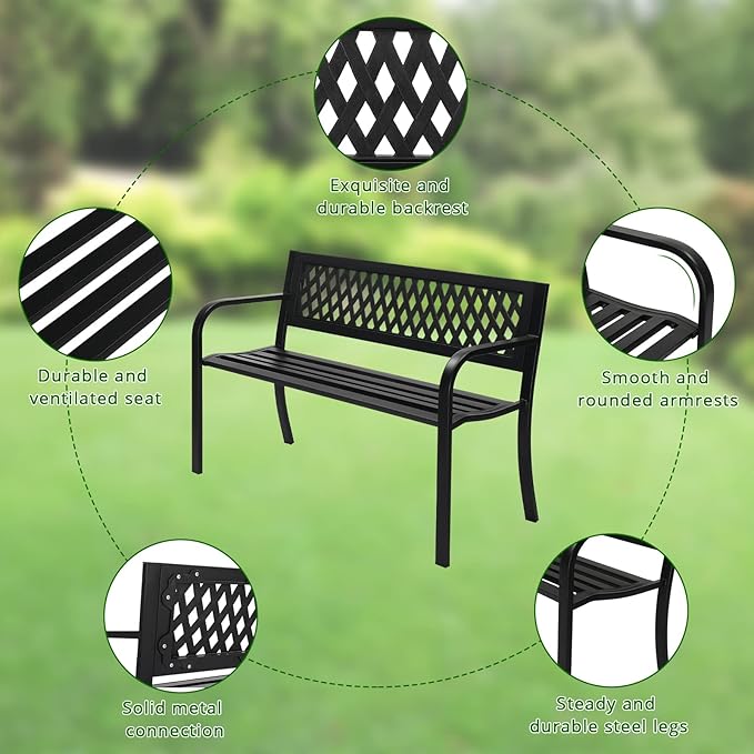 VINGLI 47'' Outdoor Bench, Weather Resistant Garden Patio Bench Powder Coated Iron Frame w/PVC Mesh Backrest Slatted Seat, 2-Person Outdoor Furniture for Front Porch Entryway Park (Black)