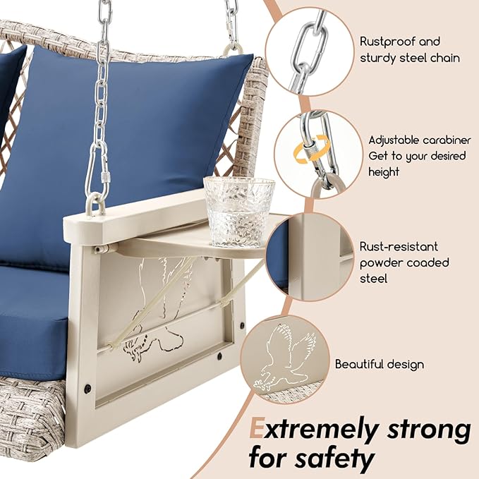 Upgraded Wicker Hanging Porch Swing Heavy Duty 900 LBS 3-Seat Outdoor Patio Swing Chair Bench for Adult w/ 8.9ft Hanging Chains Cushions and Cup Holder(Grey/Blue)