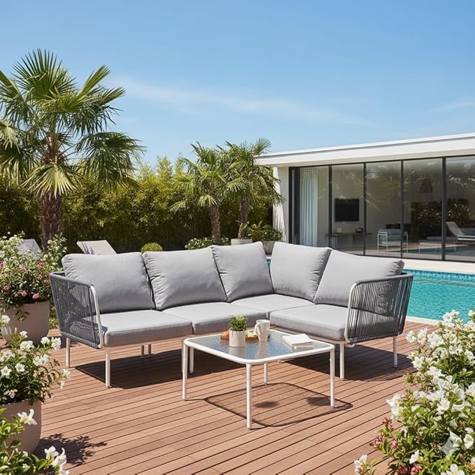 East Oak 5-Piece Outdoor Sectional Sofa, Modular Outdoor Furniture with Waterproof Thick Cushions, Modern Patio Sofa Deep Seating for Outdoor Garden Porch Blackyard, Misty Grey