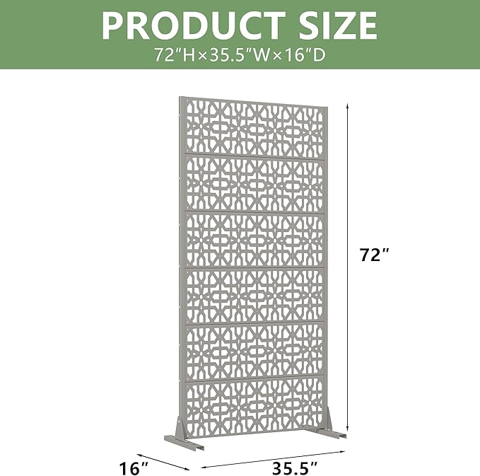 Casaphoria Metal Privacy Screen Outdoor, 72" H x 35" W Freestanding Decorative Privacy Screen for Patio Deck Balcony Garden with Stable Base, Grey-Perilla
