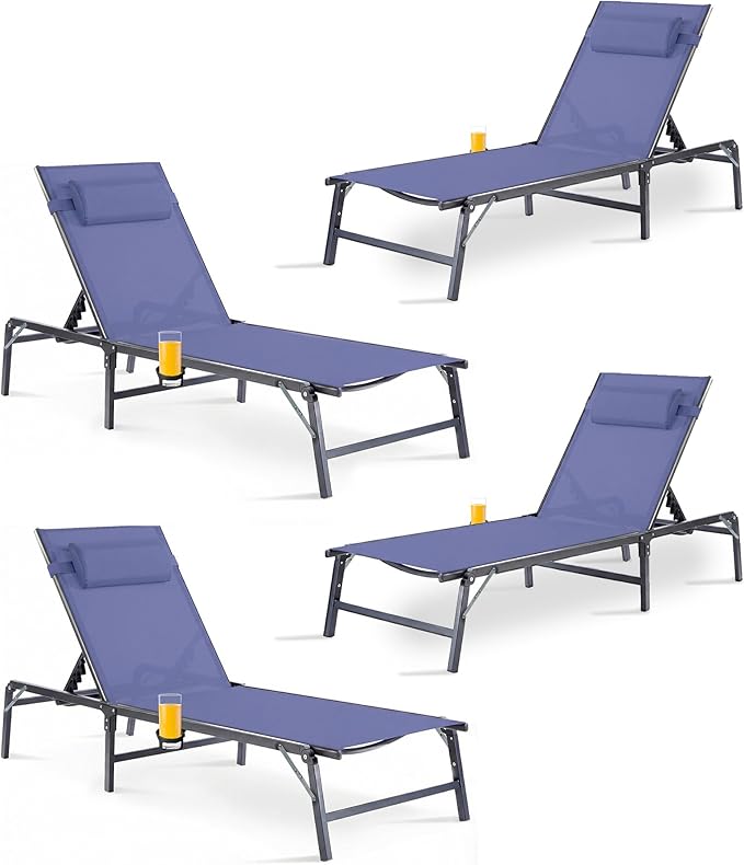 4 Pack Foldable Chaise Lounge Chair with Cup Holder, Assemble-Free Outdoor Lounge Chair with Detachable Pillow and 6 Adjustable Backrest, Patio Lounge Chair for Outside Poolside Beach Pool, Blue
