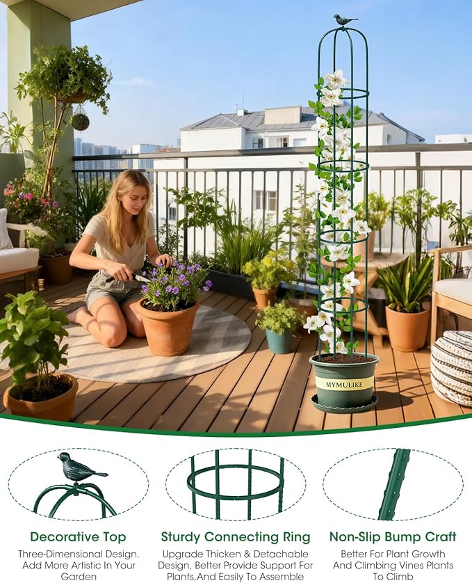 2PCS Garden Trellis for Climbing Plants, 6.2FT Rustproof Metal Pipe with Heavy Duty Plastic Coated, Garden Outdoor Indoor Potted Plant Support, Obelisk Garden Trellis for Climbing Vine (Green)