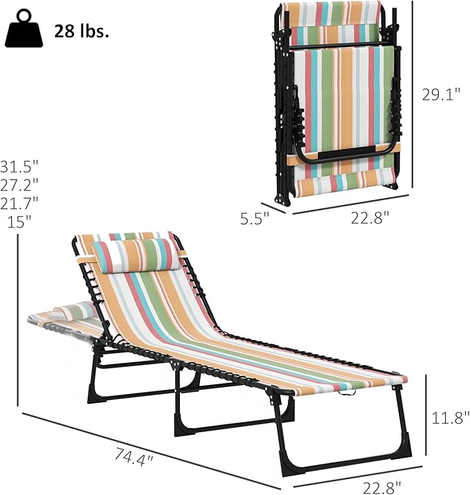 Outsunny Folding Chaise Lounge Chair Set of 2, Patio Sun Tanning Chair, Outdoor Chaise Lounger with 4-Position Reclining Back, Breathable Mesh Seat for Beach, Poolside, Rainbow Striped