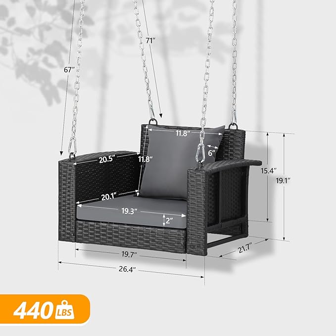 Outvita Porch Swing, 2FT Hanging Outdoor Porch Swings for Adults, Square Wicker 1 Person Patio Swing, with Pillow, Cushion and Chain for Garden, Backyard, Weight Capacity - 440lbs Black & Grey