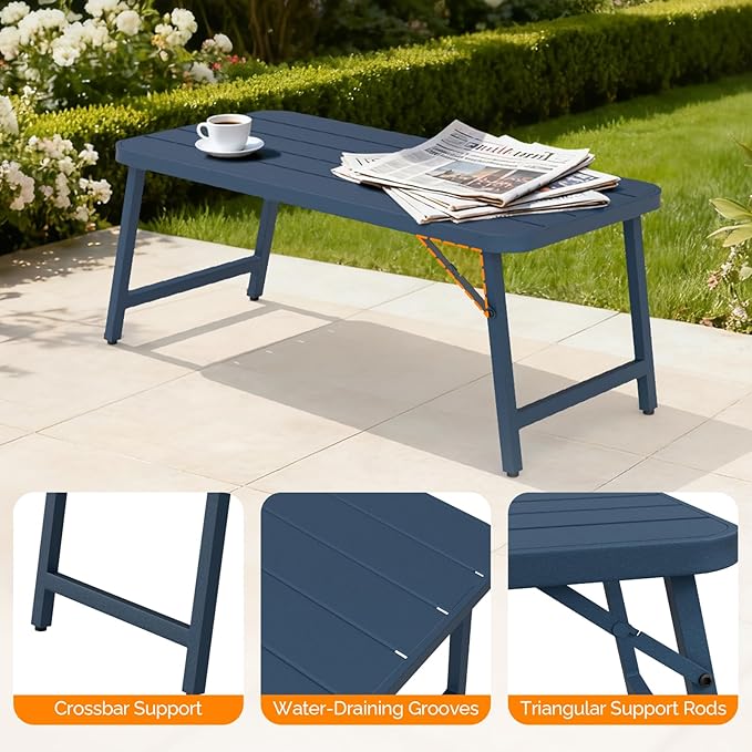 VINGLI Outdoor Folding Coffee Table, Rectangle Drainable Iron Patio Table for Balcony, Porch, and Living Room, Blue
