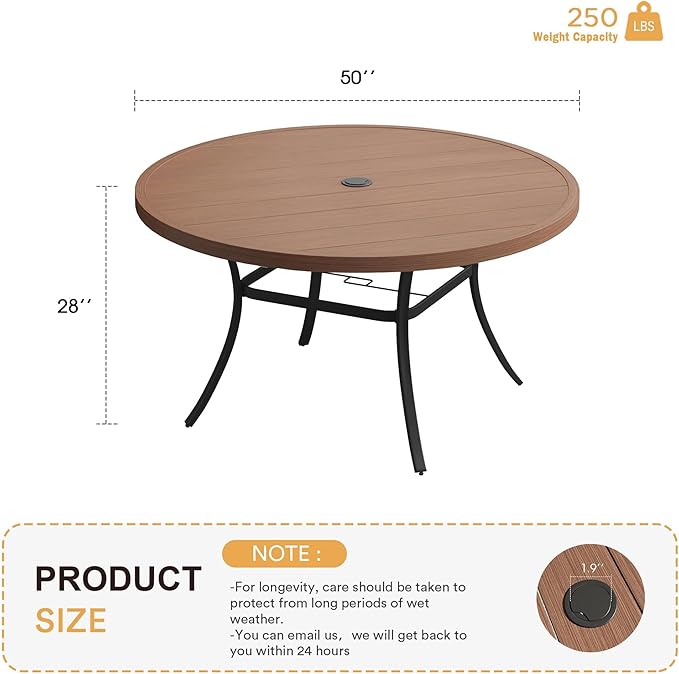 VICLLAX 50" Outdoor Round Patio Table with Umbrella Hole, All Weather Metal Round Outdoor Dining Table for Lawn Garden, 6-8 Person Table, Walnut Wood Grain