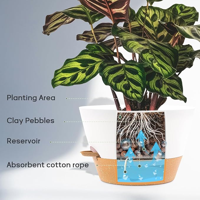 12-Inch Self Watering Planters with Drainage Holes, Large Flower Pots for Indoor Outdoor Plants, Garden Pots White 2 Pack