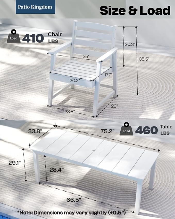 5-Piece White Outdoor Dining Set with White 15FT Large Patio Umbrella, 75.2'' HDPE Table & Chairs for 8, Weather-Resistant Furniture with Umbrella Hole for Patio, Lawn, Poolside