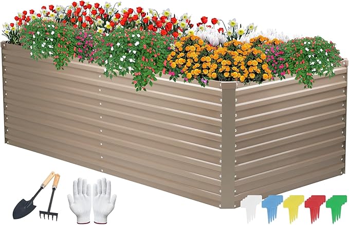 DTIG Galvanized Raised Garden Bed for Vegetables Flowers Herbs, Tall Metal Raised Garden Bed Kit with Garden Tools, Gloves, Plant Labels, Brown 6×3×2FT