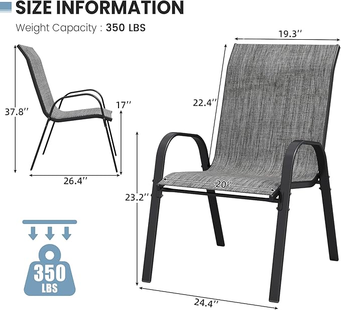 Patio Dining Chairs Set of 8, Outdoor High Stacking Chairs，Breathable Seat Fabric and Alloy Steel Frame for Backyard, Porch, Garden, Sunroom (Light Grey)