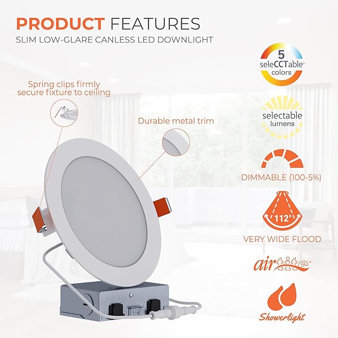 HALO HLB 6 in LED Recessed Lighting Canless Dimmable Wet Location Selectable Lumens and Selectable Color 27/30/35/40/5000K Indoor Outdoor Soffit Ceiling Downlight HLB6LSFS5