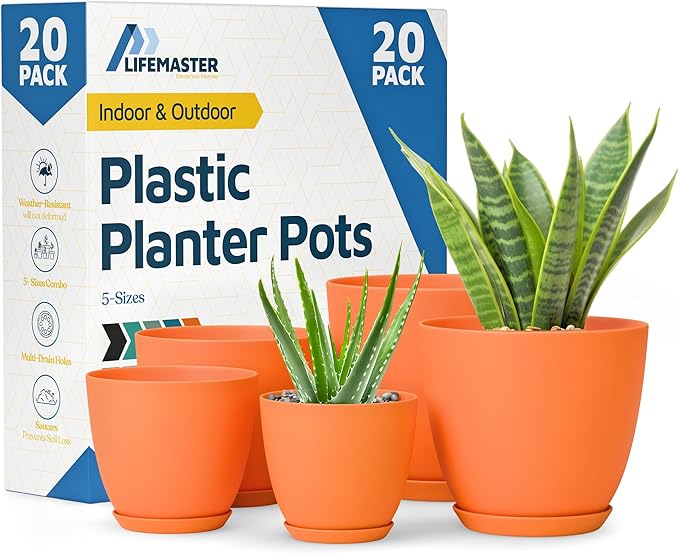 Yellow Plant Pots with Drainage Holes & Saucers 20 Pack, Indoor & Outdoor Stackable Space-Saving Planters for Houseplants & Flowers, (7", 6.7", 6", 5.3", and 4.8" Inches), Durable & Weatherproof