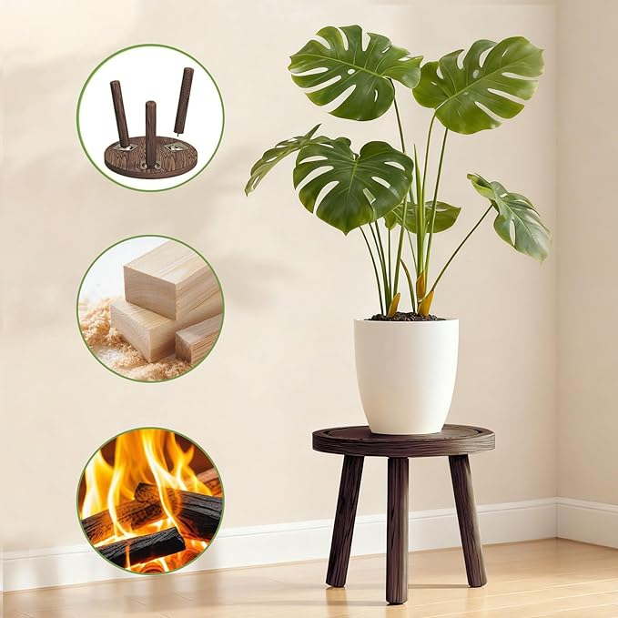 3 Pack Plant Stand Indoor Outdoor Mid-Century Modern Plant Stool Wooden Plant Pot Holder Home Decor for Gardening Living Room,Balcony,Office (Heavy Burnt Color, 3 Pack)