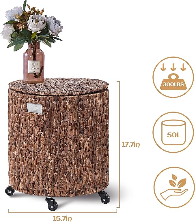 Wimarsbon Round Pouf Ottomans, Handwoven Natural Water Hyacinth Seagrass Pouffe,Outdoor Rattan Stool Accent Seat, Bohemian Coastal Home Decor (Storage Ottoman - Dark Water Hyacinth Braid)