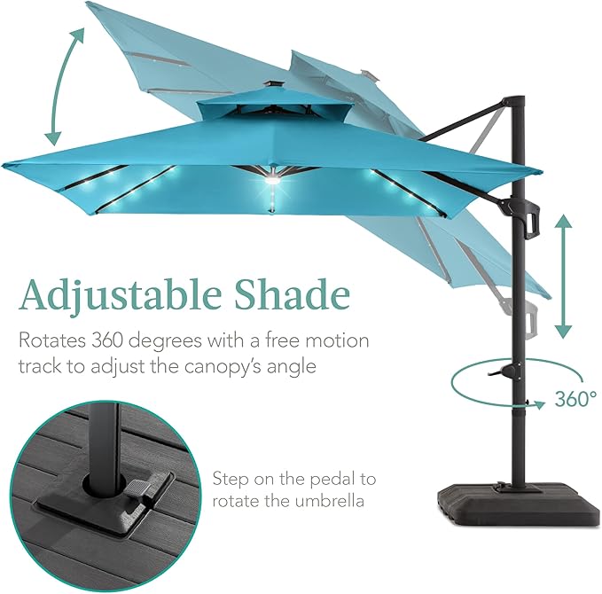 Best Choice Products 10x10ft Cantilever Patio Umbrella w/Base Included, Solar LED Lights 360 Rotation Large Offset Hanging Outdoor Shade for Deck Pool Backyard w/Stand – Sky Blue