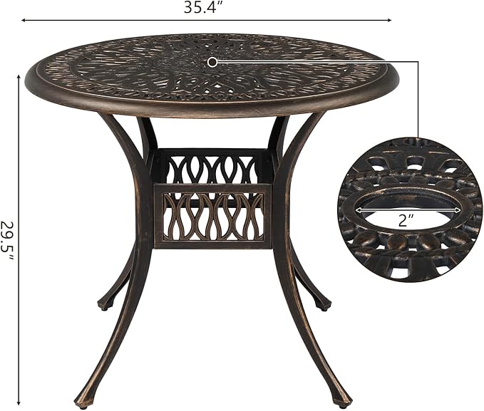 VINGLI 5 Pieces Outdoor Patio Dining Set, Cast Aluminium Patio Furniture Set with 4 Chairs and 1 Umbrella Table for Yard, Garden, Porch and Poolside, Bronze
