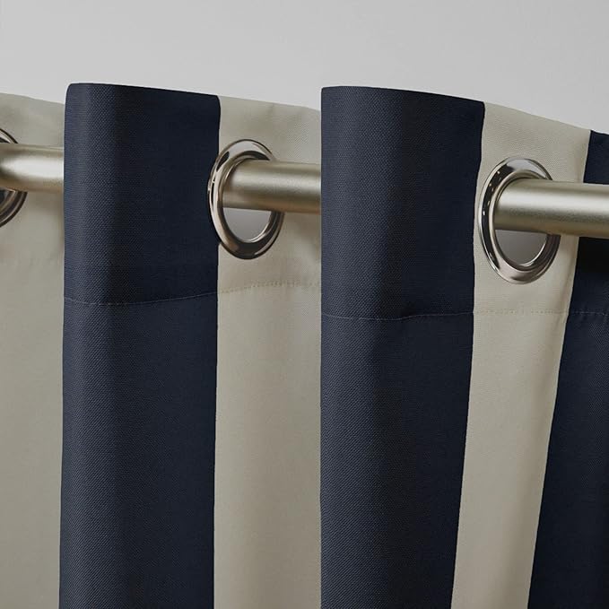Exclusive Home Canopy Stripe Indoor/Outdoor Grommet Top Curtain Panel, 54"x96", Navy / Sand, Set of 2