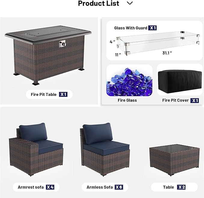 Kullavik 13 Pieces Outdoor Patio Furniture Set with 43" 55000BTU Gas Propane Fire Pit Table PE Wicker Rattan Sectional Sofa Patio Conversation Sets,Navy Blue