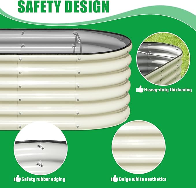 SnugNiture 3 Pcs 4x2x1.5ft Raised Garden Bed Outdoor, 17" Tall Galvanized Metal Planter Box, Oval Raised Garden Bed Kit for Planting Vegetables Plants Fruits, Beige White