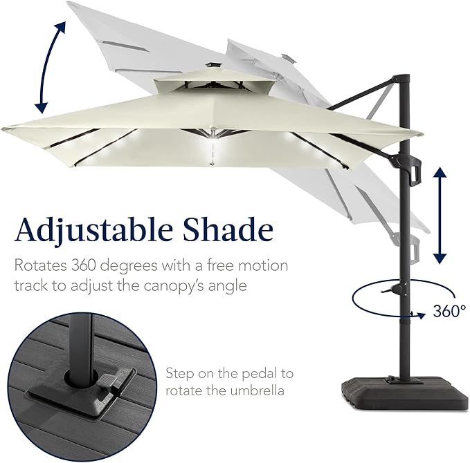 Best Choice Products 12x12ft LED Cantilever Patio Umbrella w/Base Included & 360° Rotation, Large Solar Offset Hanging Outdoor Sun Shade for Deck, Backyard Table w/Stand & Lights – Ivory