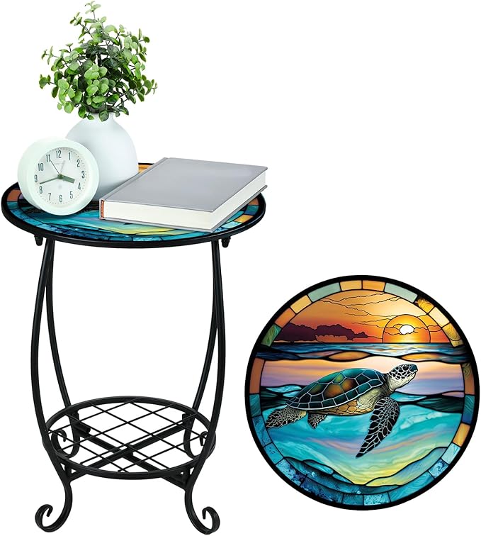 Outdoor Side Table Round Small Mosaic Patio Accent Indoor End Plant Coffee Tea Table for Yard Patio Porch Garden Living Room, Bedroom(Turtle Style,14 Inch)