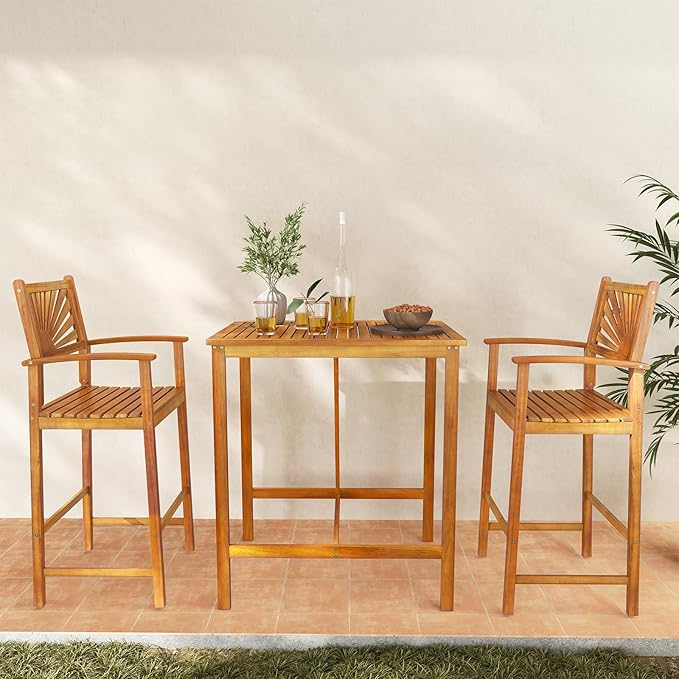 Tangkula 3 Piece Patio Bar Table & Chairs, Outdoor Acacia Wood Bar Set w/Slatted Seat & Tabletop, Wood Dining Bar Set w/Backrest, Armrests & Footrest for Backyard, Poolside, Balcony