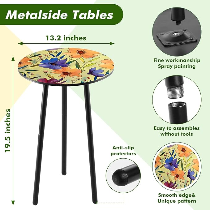 Party Zealot 2 Packs Metal Floral Round Side Table 13.2" Small Outdoor Patio Round Accent Coffee Tables Indoor Corner Stand for Small Spaces Weather-Resistant for Balcony Plant Stand