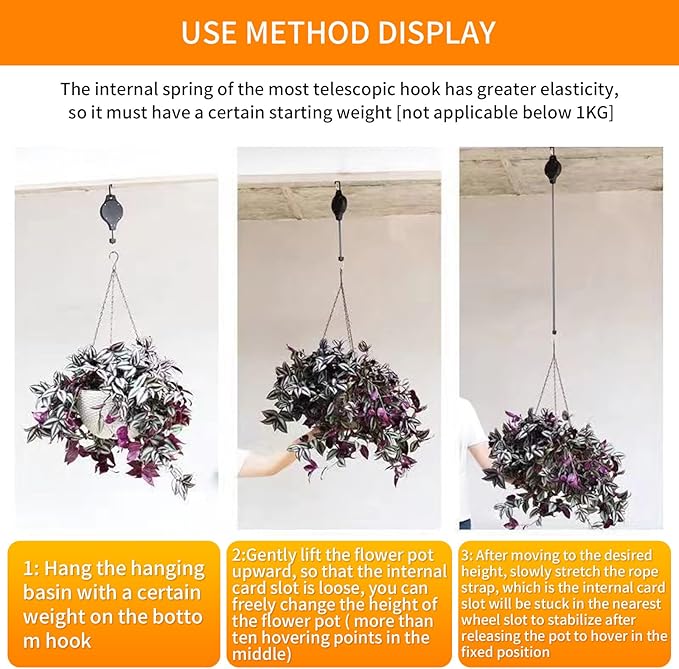 4PCS Plant Pulley Retractable Pulley Plant Hanger Hanging Flower Basket Hook Adjustable Retractable Plant Pulley Hangers - Versatile Height Hooks for Hanging Baskets, Flower Pots, and Bird Feeders