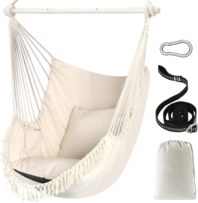 Chihee Hammock Chair Hanging Swing Max 500 Lbs 2 Cushions Included Metal Spreader Bar with Anti-Slip Grooves Portable Hanging Chair Side Pocket Large Macrame Bohemian Chair Indoor Outdoor