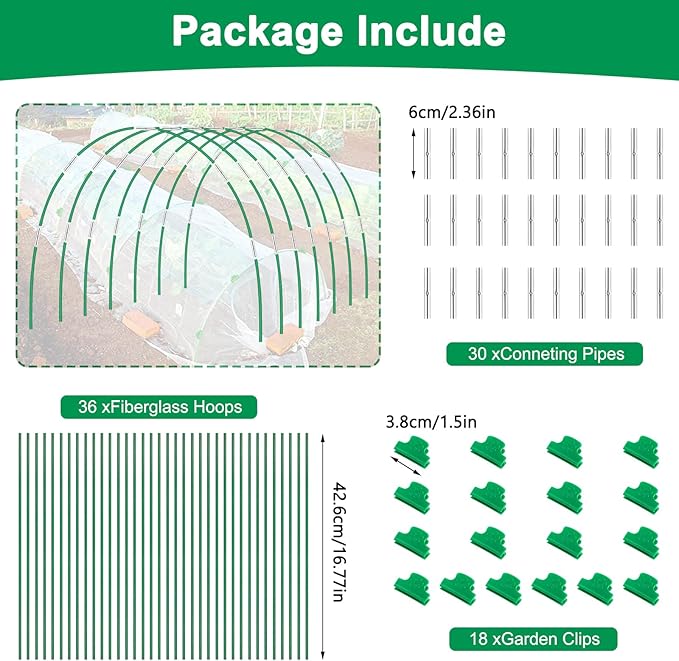 Greenhouse Hoops Grow Tunnel, 6 Sets of 8FT Long Garden Hoops for Raised Beds, Rust-Free Fiberglass Support Hoops Frame for Garden Netting, DIY Plant Support Garden Stakes for Row Cover, 36 Pcs