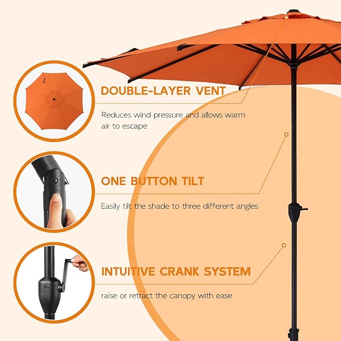 Abba Patio 9FT Lyon Outdoor Patio Umbrella Outdoor Table Umbrella with Crank Market Umbrella 8 Sturdy Ribs UV Protection Waterproof and Push Button Tilt for Garden Deck Backyard Pool,Orange