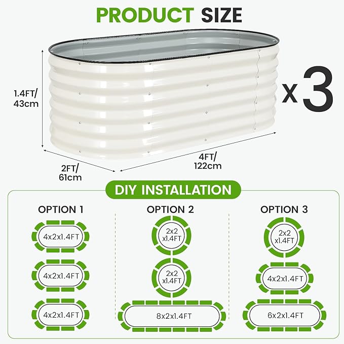 Galvanized Raised Garden Bed Outdoor |17'' Tall Planter Box Outdoor for Deep Root Plants | 3Pcs Raised Bed Kit for Gardening with Rubber Strip for Vegetables Flowers Fruits (White, 4x2x1.4FT)