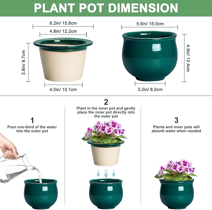 6 Inch Self Watering Plant Pots, Ceramic African Violet Pot with Absorbent Inner Pot, Easy Self Watering Pots for Indoor Plants, Ceramic Planter, Room Decor, Plant Lover Gifts, Blackish Green