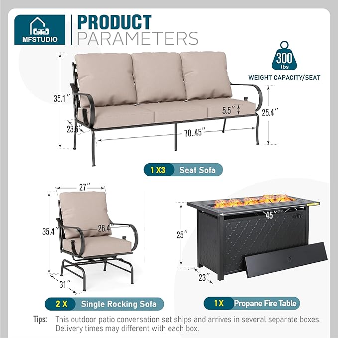 MFSTUDIO 5 Seats Large Metal Patio Conversation Sets, 4 Pieces Outdoor Sectional Furniture Sofa with 2 x Motion Chairs, 1 x 3-seat Sofa and 1 x 45 inches Rectangular Propane Fire Pit Table