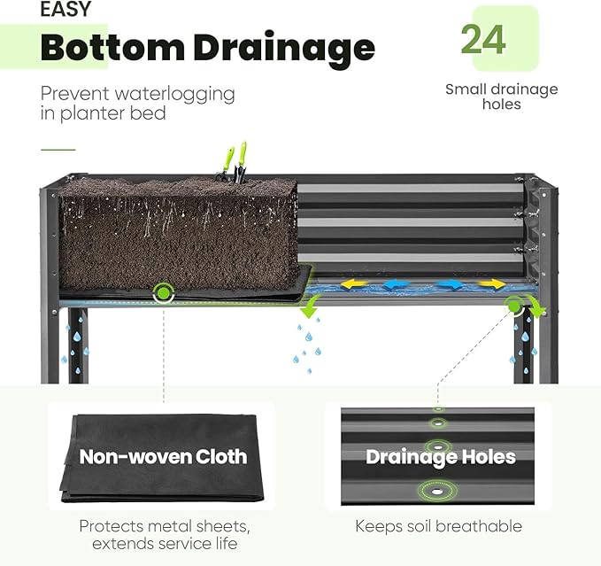 KING BIRD Raised Garden Bed with Irrigation System and Legs Galvanized Elevated Planter Box 48×24×31.5 in for Backyard, Patio, Balcony, 400lb Capacity, Dark Grey