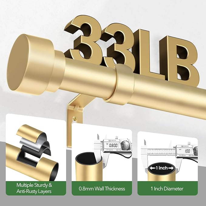 Curtain Rods for Windows 48 to 84, 1 Inch Adjustable Gold Heavy Duty Long Window Curtain Rod, Modern Style Drapery Rods with End Caps, Size 32" - 90"