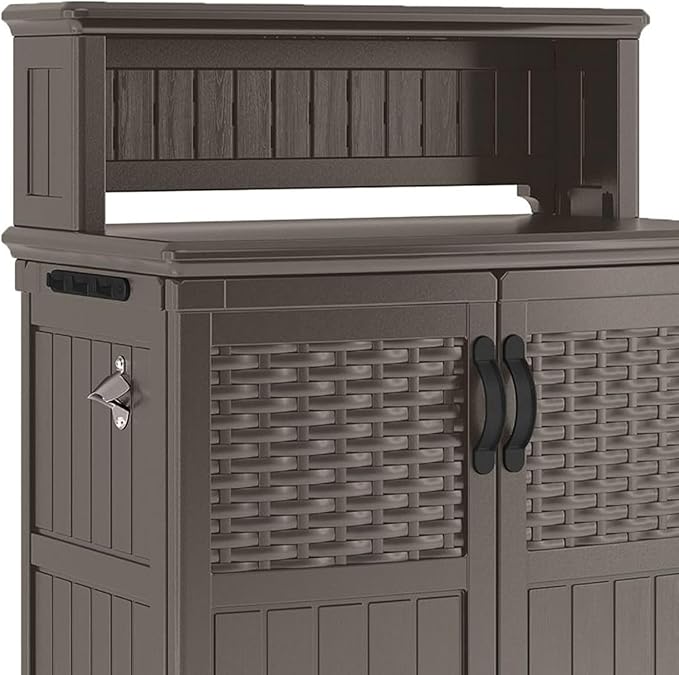 Suncast Patio Plastic Storage and Prep Station with Decorative Wicker Pattern and Multi Wall Panels for Patio, Garden, and Lawn Use, Stoney Gray