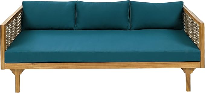 Merax 67.5" Outdoor Patio Daybed 3 Seater Sofa Bed,Acacia Wood Frame with Rattan Arm,Cushion & Pillow for Courtyard