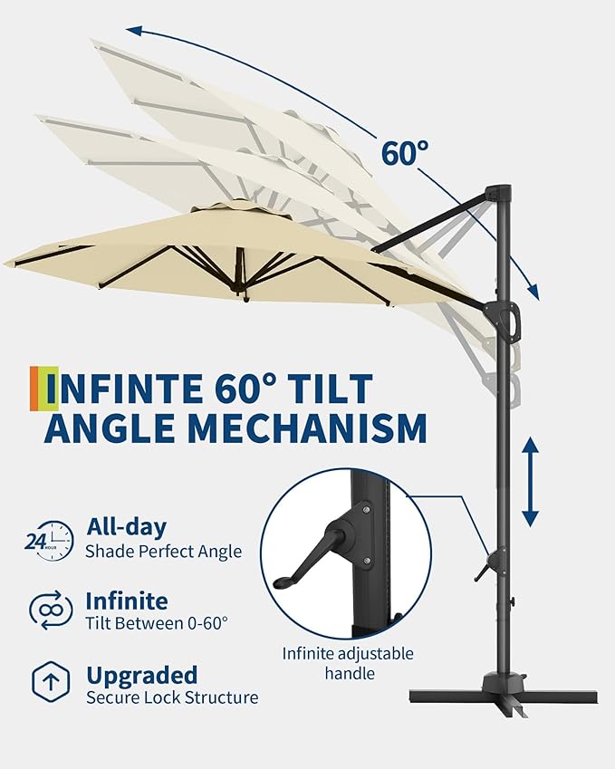 GarveeLife 10FT Patio Umbrella Outdoor Large Cantilever Umbrella Market Sun Shade Windproof Offset Umbrella with 360-Degree Rotation for Garden Deck Pool Patio, Beige
