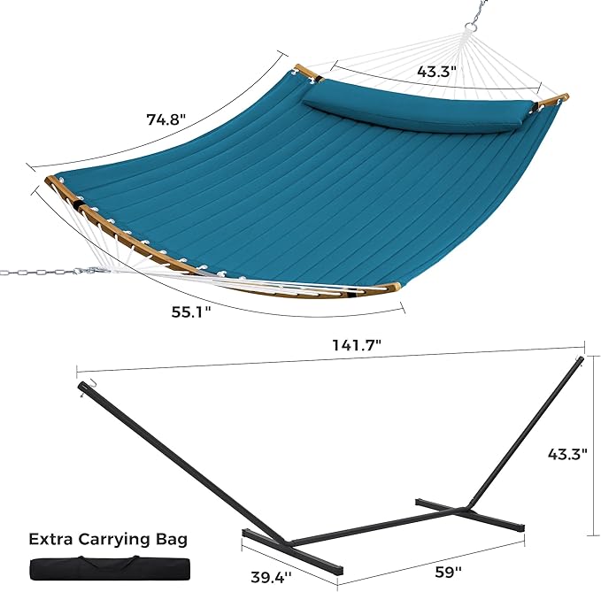 SUPERJARE Curved-Bar Hammock with Stand, 2 Person Heavy Duty Hammock Frame, Detachable Pillow & Portable Carrying Bag, Perfect for Outdoor & Indoor, Peacock Blue