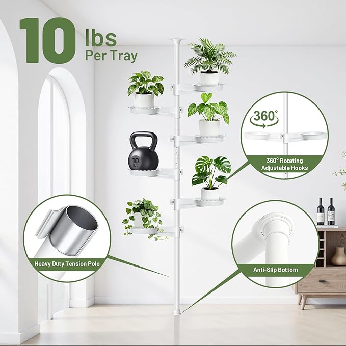 Tension Rod Plant Stand, Plant Poles for Hanging Plants Indoor, 6 Tier Tension Pole Plant Hanger, Floor to Ceiling Plant Pole with 6 Trays Hanging Plant Stand, White