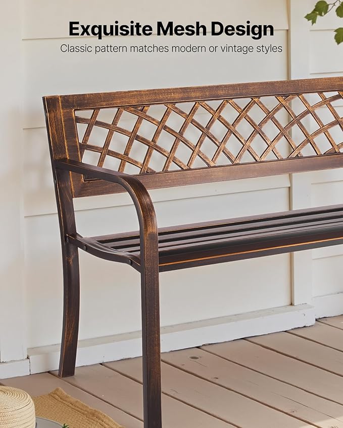 VEVOR Outdoor Bench, 46 inch, Carbon Steel Metal Frame with PVC Mesh Pattern Backrest and Round Edge Armrests, Weatherproof Outside Bench for Patio, Garden, Park, Yard, Front Porch, Antique Bronze